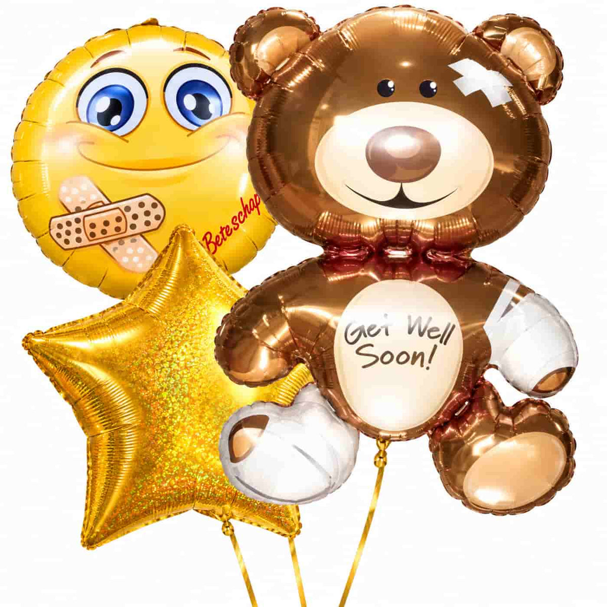 Get Well Soon Beer XL Trosje – heliumgevulde ballonnen met dunne gouden lintjes op een witte achtergrond