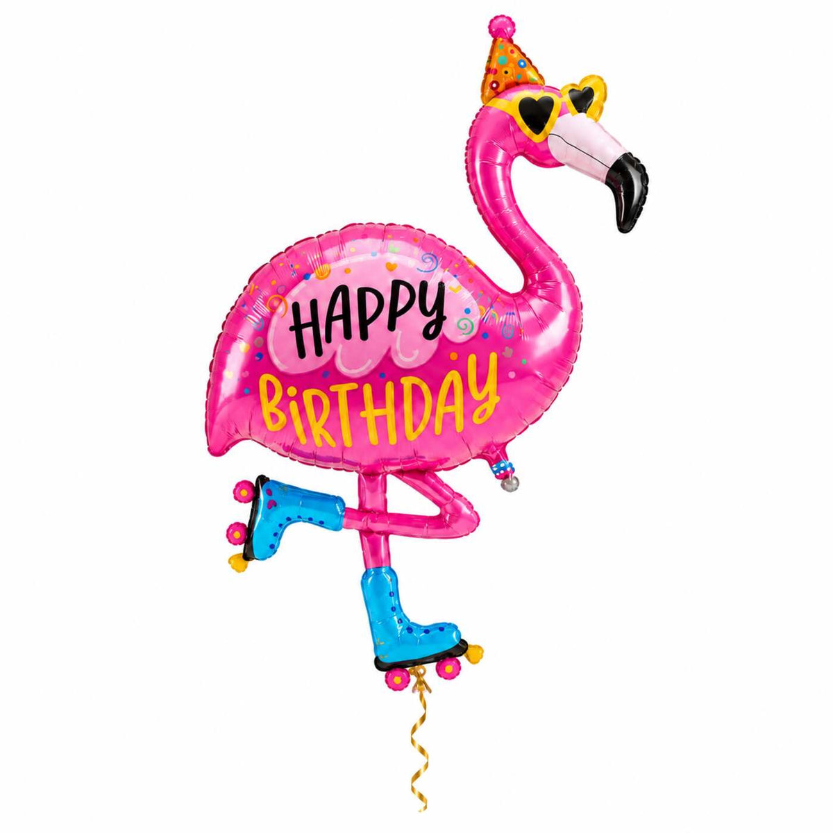 Happy Birthday Flamingo XL Ballon met dun metallic gouden lint op witte achtergrond – Ballonnenshop.nl
