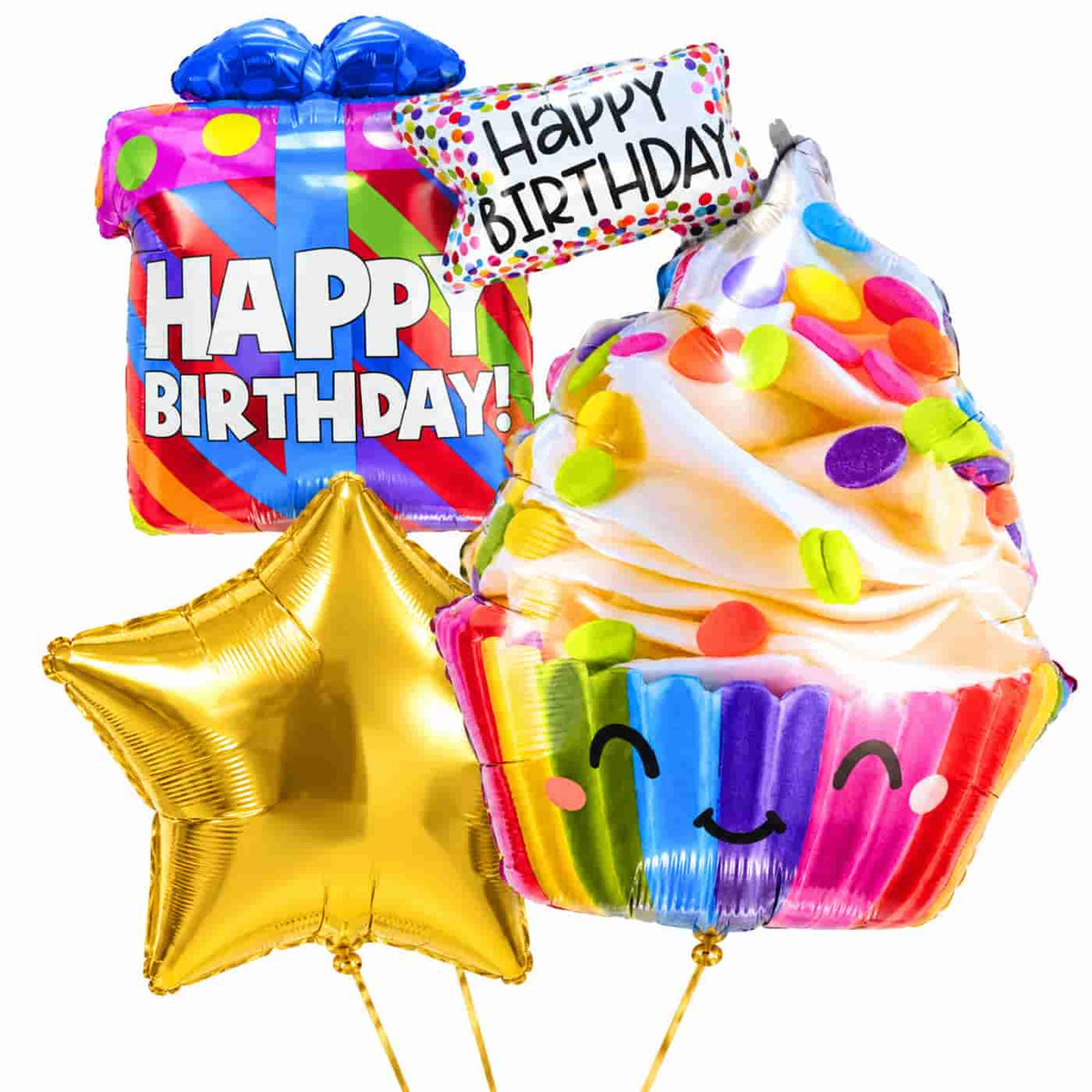 Happy Birthday XL Tros – heliumgevulde ballonnen met dunne gouden lintjes op een witte achtergrond