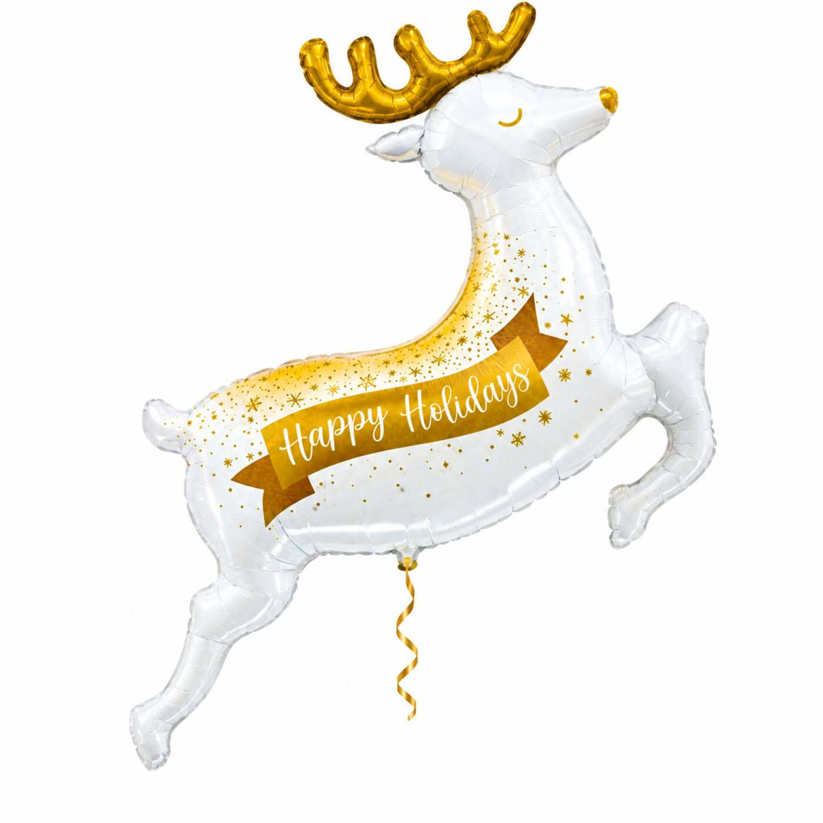 Happy Holidays Helium XL Ballon met dun metallic gouden lint op witte achtergrond – Ballonnenshop.nl