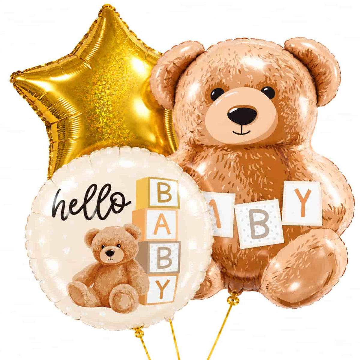 Hello Baby trosje helium ballonnen met grote teddybeer, gouden ster en ronde hello BABY-ballon