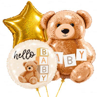 Hello Baby trosje helium ballonnen met grote teddybeer, gouden ster en ronde hello BABY-ballon