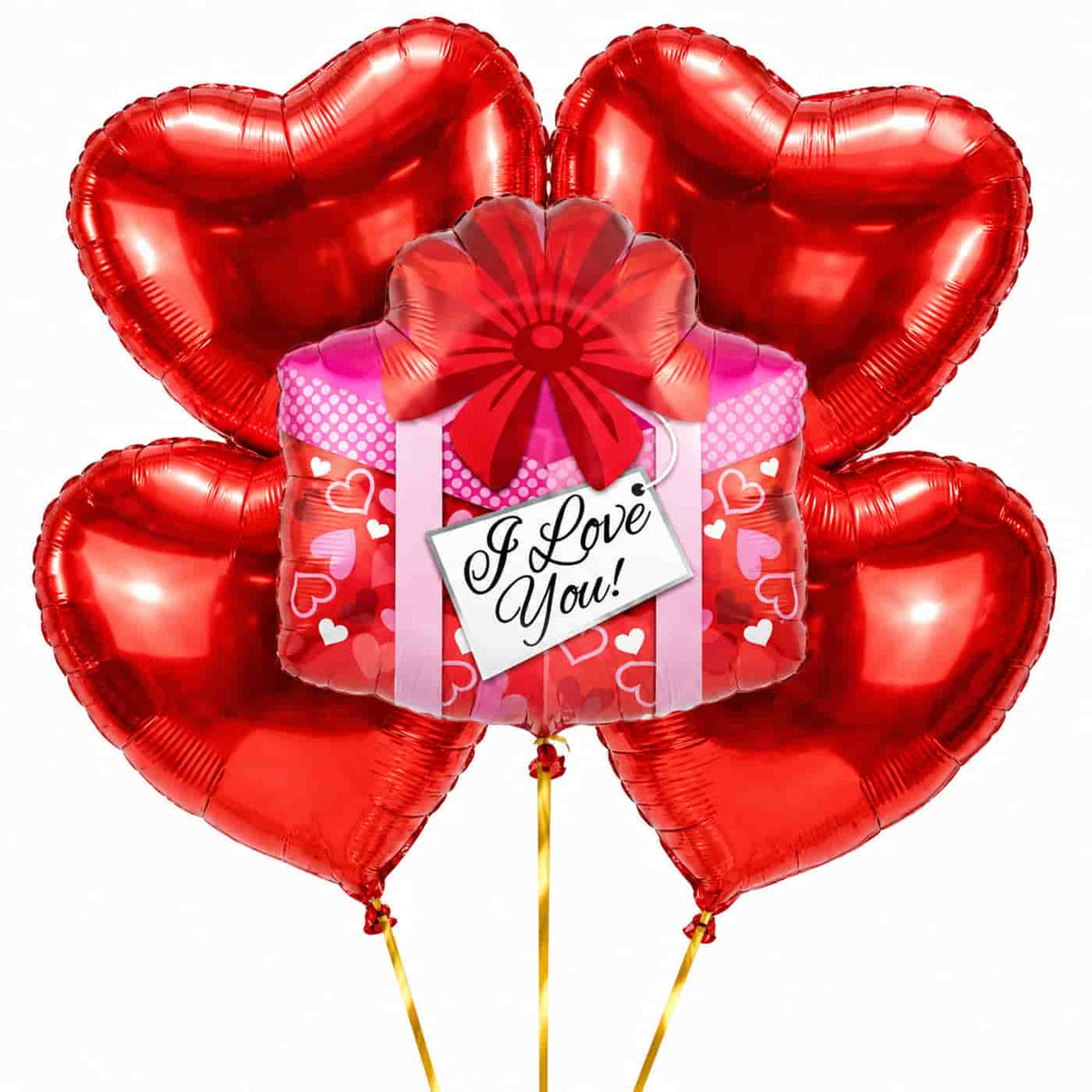 XL I Love You Cadeau Ballonnentros 5 Ballonnen – heliumgevulde ballonnen met dunne gouden lintjes op een witte achtergrond