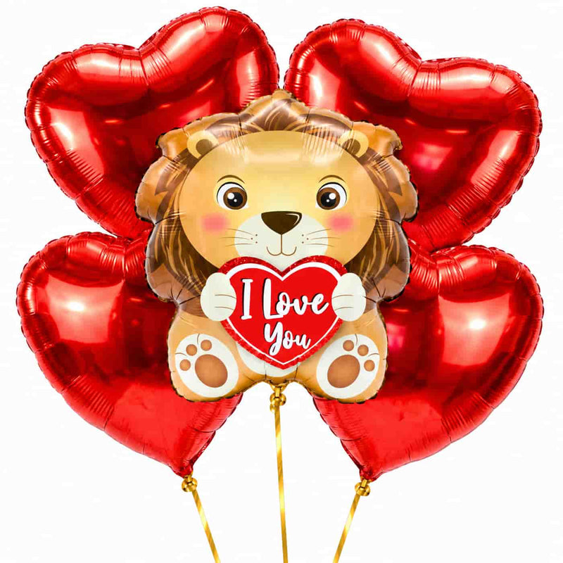 XL I Love You Leeuw Ballonnentros – Met Karakter – heliumgevulde ballonnen met dunne gouden lintjes op een witte achtergrond