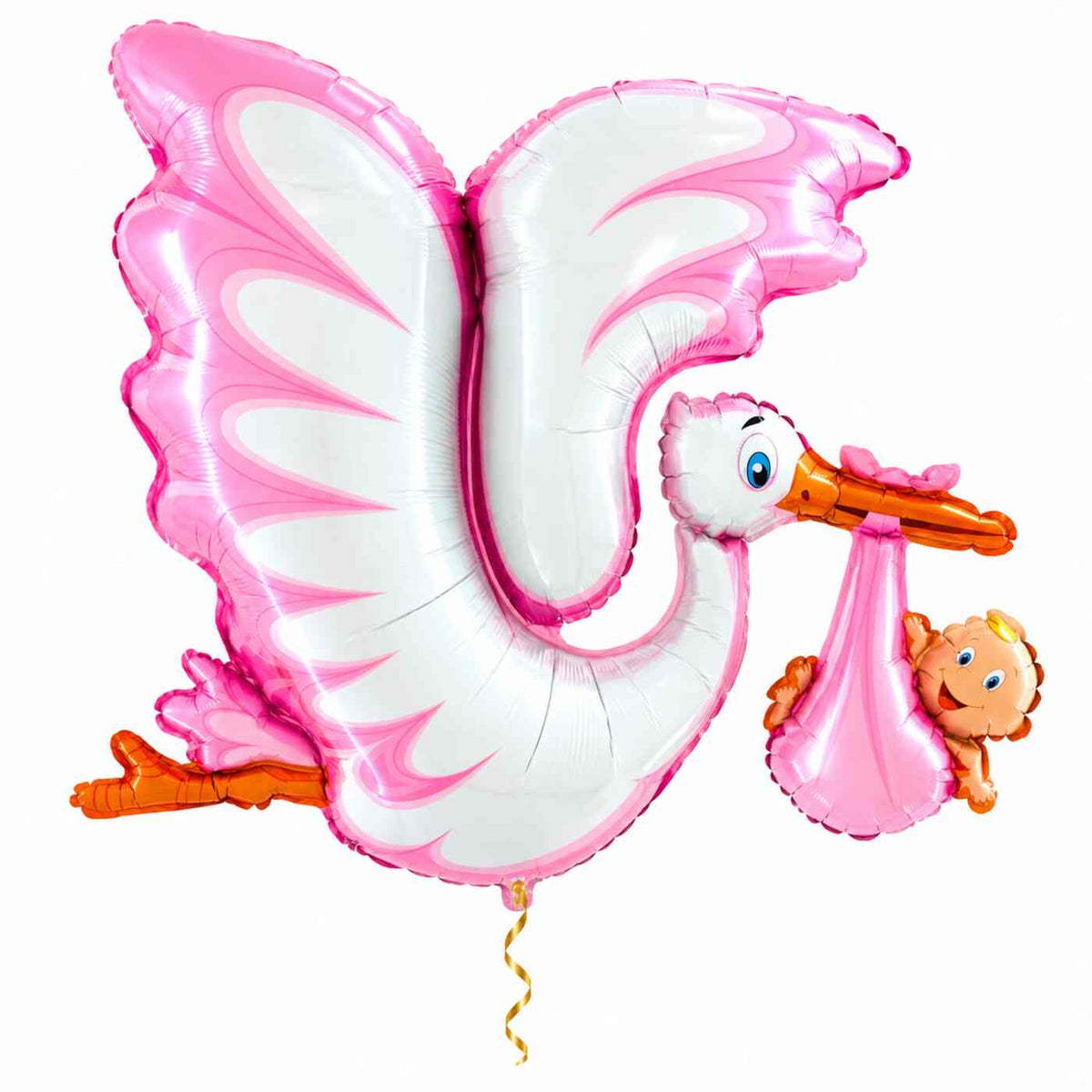 Roze Ooievaar XL Ballon met dun metallic-gouden lint op witte achtergrond – Ballonnenshop.nl