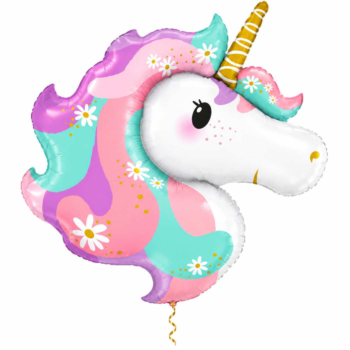 Unicorn Helium XL Ballon met dun metallic gouden lint op witte achtergrond – Ballonnenshop.nl