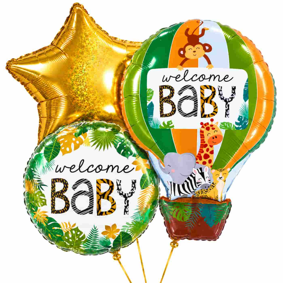 Welcome Baby Jungle Trosje – drie met helium gevulde ballonnen met gouden lintjes