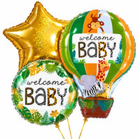 Welcome Baby Jungle Trosje – drie met helium gevulde ballonnen met gouden lintjes