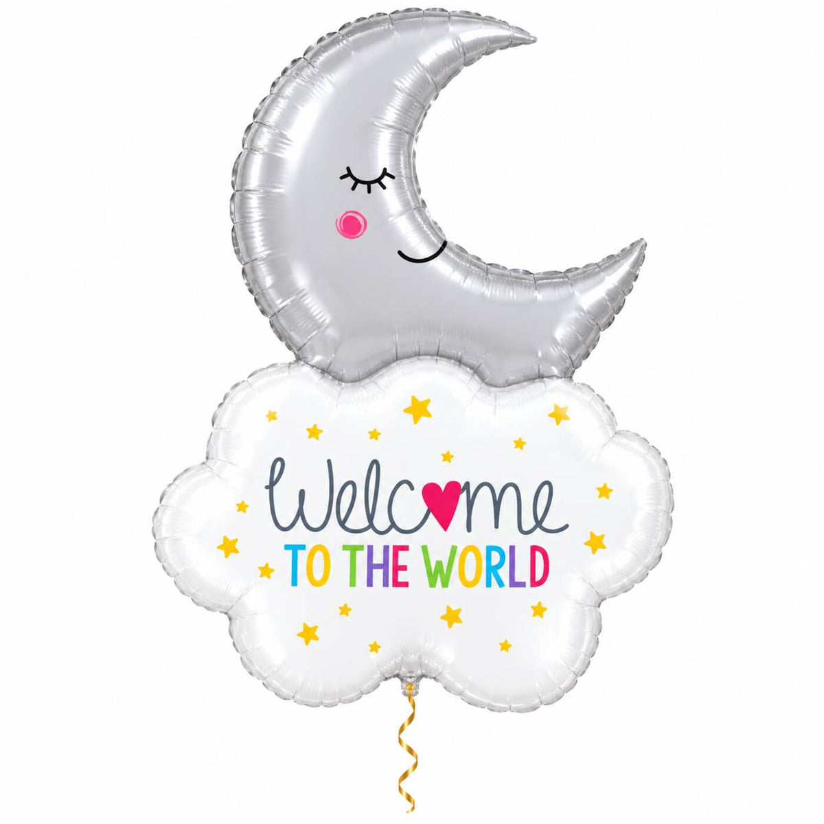 Welcome To The World Maan XL met dun metallic gouden lint op witte achtergrond