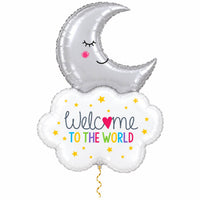 Welcome To The World Maan XL met dun metallic gouden lint op witte achtergrond