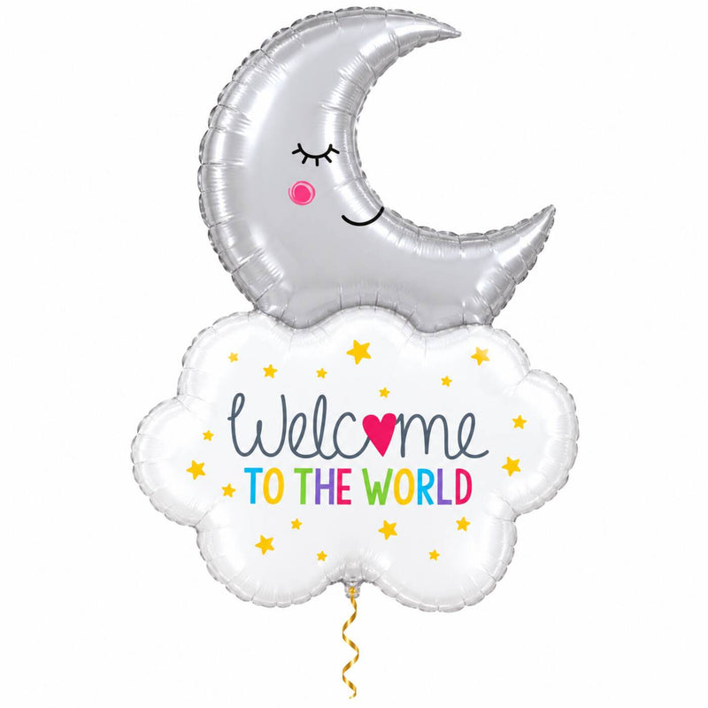 Welcome To The World Maan XL met dun metallic gouden lint op witte achtergrond
