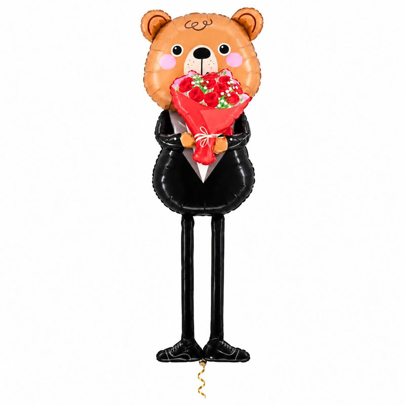 XXXL Romantische Beer Met Bloemen Ballon met dun metallic gouden lint op witte achtergrond – Ballonnenshop.nl