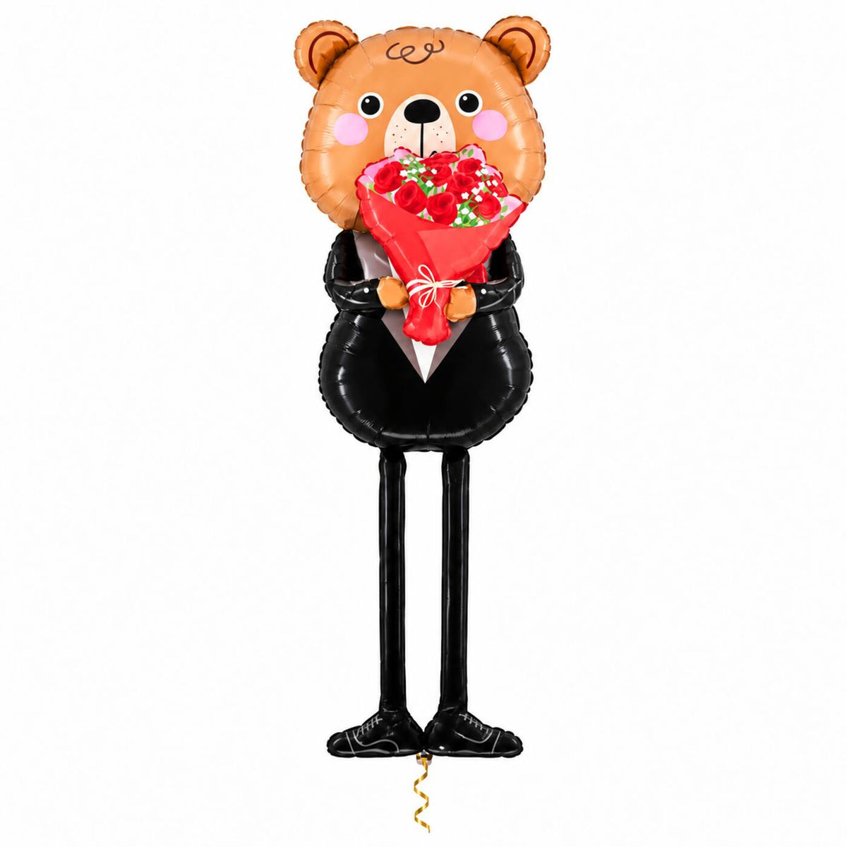 XXXL Romantische Beer Met Bloemen Ballon met dun metallic gouden lint op witte achtergrond – Ballonnenshop.nl