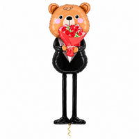 XXXL Romantische Beer Met Bloemen Ballon met dun metallic gouden lint op witte achtergrond – Ballonnenshop.nl