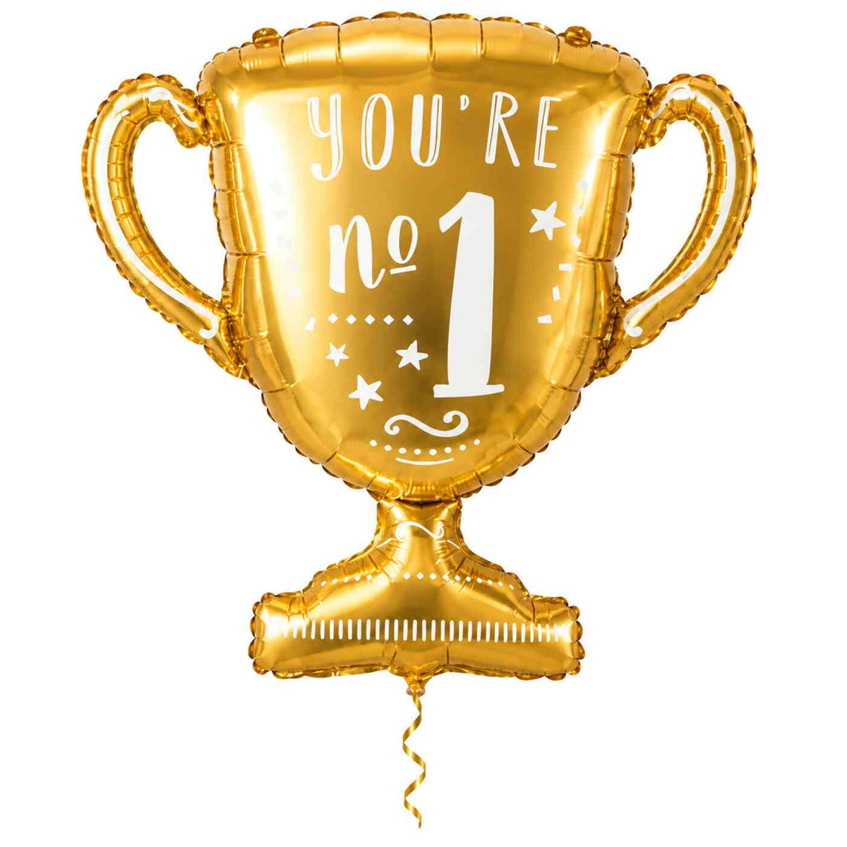 You're No.1 Trofee Ballon met dun metallic gouden lint op witte achtergrond – Ballonnenshop.nl