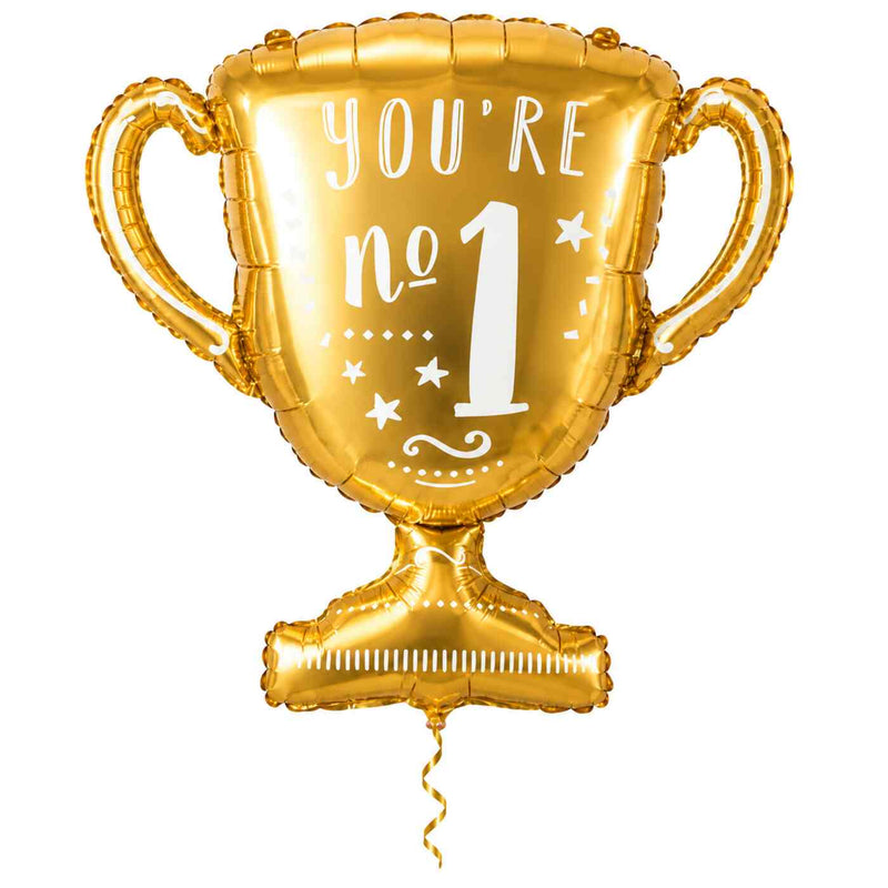 You're No.1 Trofee Ballon met dun metallic gouden lint op witte achtergrond – Ballonnenshop.nl