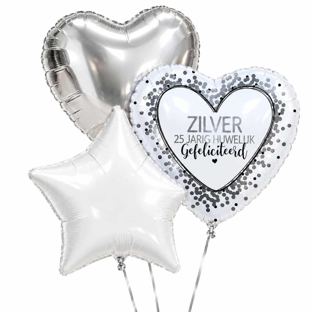 Zilver 25 Jarig Huwelijk Trosje – heliumgevulde ballonnen met dunne metallic-zilveren lintjes op een witte achtergrond