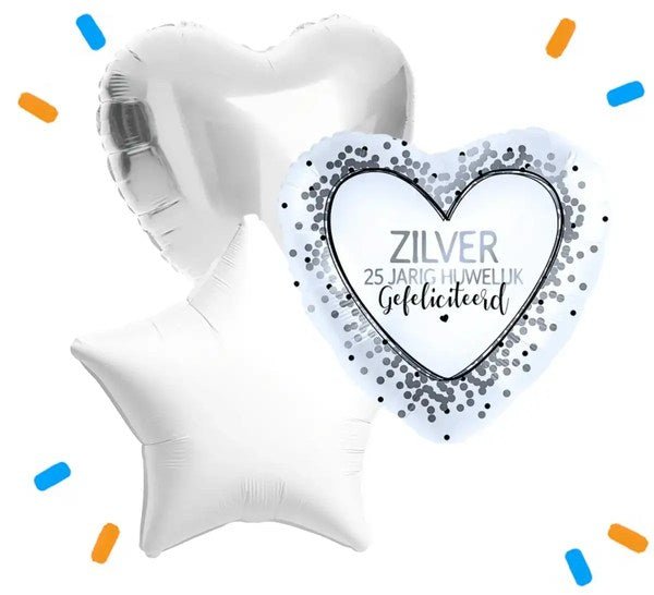 Zilver 25 Jarig Huwelijk Trosje Helium Ballonnen - Gevuld Met Helium - 46 cm - Ballonnenshop.nl
