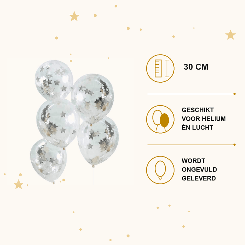 Zilveren Confetti Ballonnen Sterren - 5 stuks - 30 cm - Ballonnenshop.nl