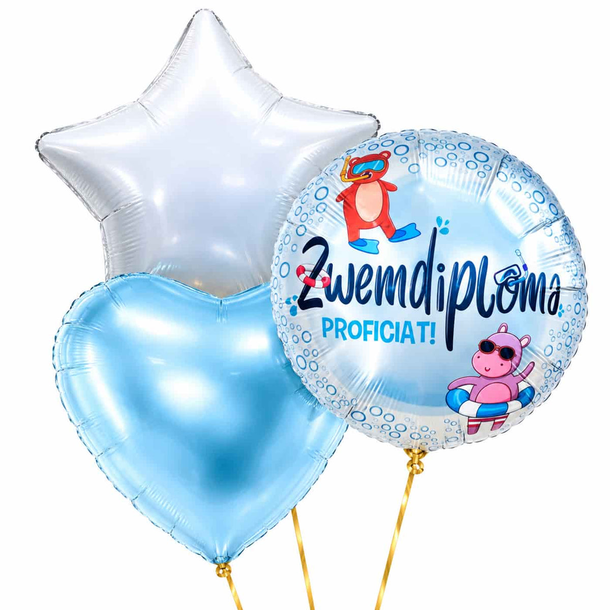 Zwemdiploma Proficiat Trosje – heliumgevulde ballonnen met dunne gouden lintjes op een witte achtergrond