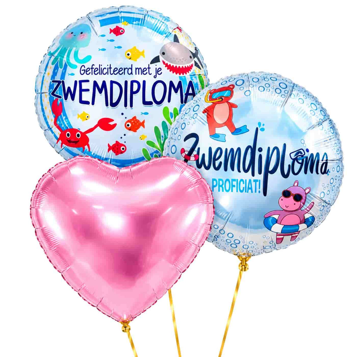 Zwemdiploma Trosje Ballonnen Roze – heliumgevulde ballonnen met dunne gouden lintjes op een witte achtergrond